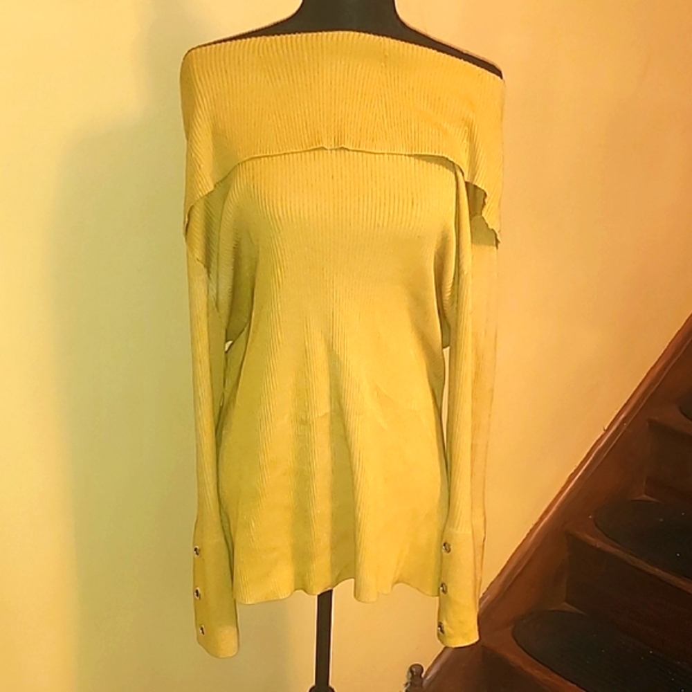 Ashley Stewart Mustard Yellow Off-the-Shoulder Sweater Bell Sleeves
